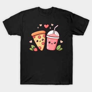 Pepperoni Pizza and Strawberry Drink with Hearts in Kawaii Style | Kawaii Food Art T-Shirt